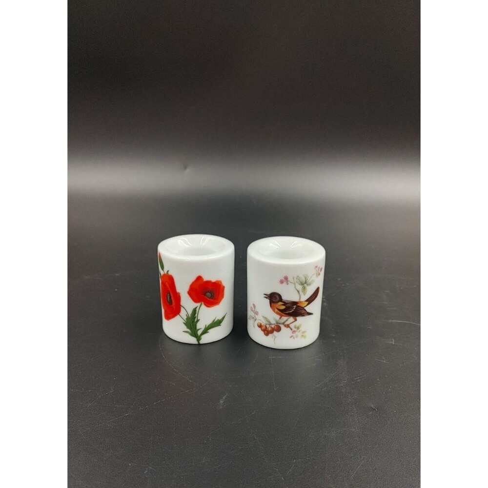 Vintage West German Porcelain Taper Poppy and Bird Candle Stick Holders Lot of 2